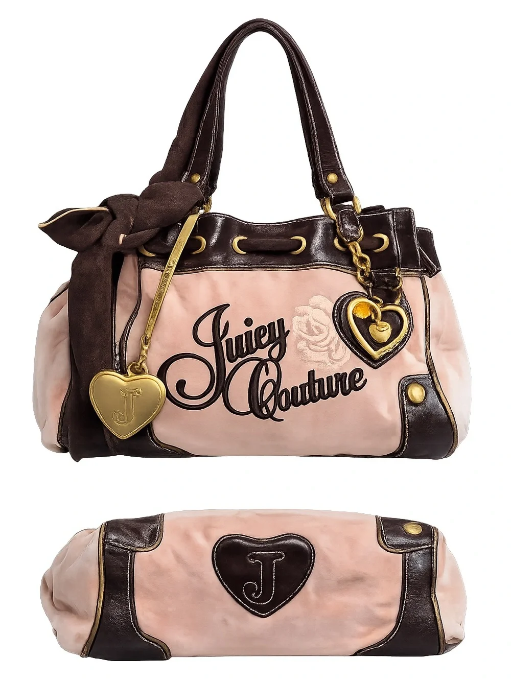 💕Rare Vintage Y2K Juicy Couture Pink Velour Brown Tote Purse Heart Charms 💕